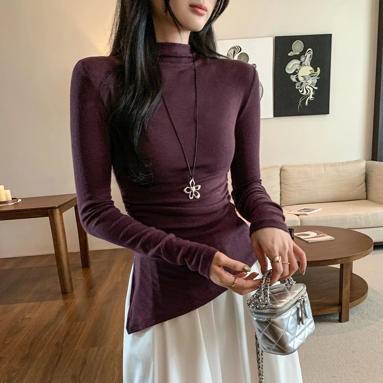 تي شيرت AOSSVIAO الأساسي ذو الياقة المدورة والملائم للجسم بأكمام طويلة على الطراز الكوري متعدد الاستخدامات للفتيات المثيرات، تي شيرتات نسائية عصرية سادة