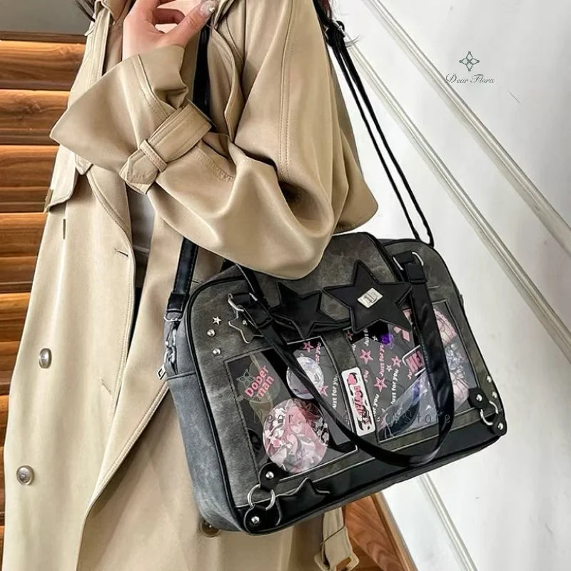 حقيبة Y2K Trendy Star Ita Bag من Lolita Girl ذات الجيب الشفاف وحقيبة كروس أنيقة للنساء حقيبة كتف أنيقة ومحفظة وحقيبة يد