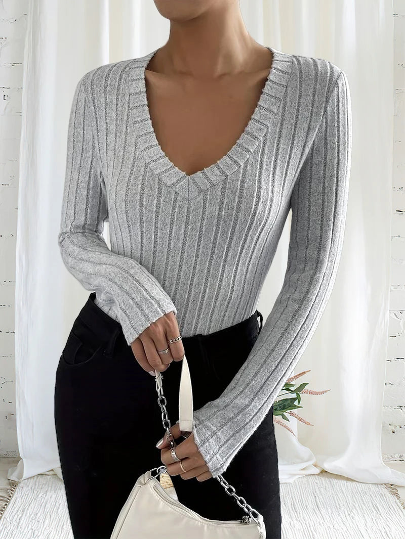 مجموعة تي شيرت نسائية أنيقة برقبة على شكل حرف V وأكمام طويلة ودافئة من 3 قطع