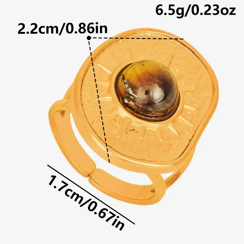 خاتم من حجر عين النمر الحقيقي على شكل قلب الشمس من الفولاذ المقاوم للصدأ، خواتم مفتوحة للنساء والرجال، إكسسوارات مجوهرات عتيقة مطلية بالذهب الحقيقي