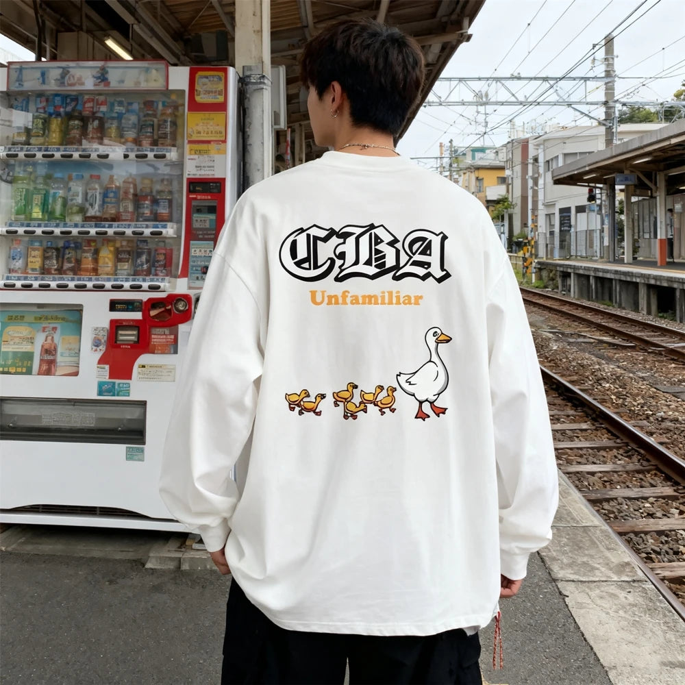 KUCLUT Fashion Best Quality Cartoon Printed Tee Streetwear Casual Loose Long Sleeves Tops Oversize 100%Cotton T Shirt Men Woman