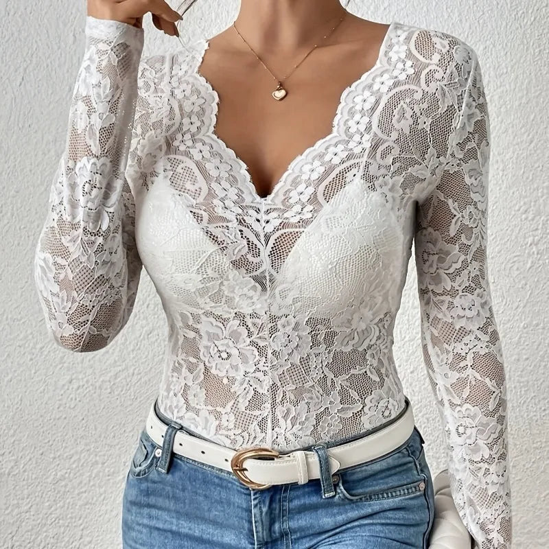 Women Sexy Base Layer Shirt Solid Black Sheer Lace Top Slim Flower Scallop Trim V Neck Long Sleeve T-shirt Trendy Tight Lace Top