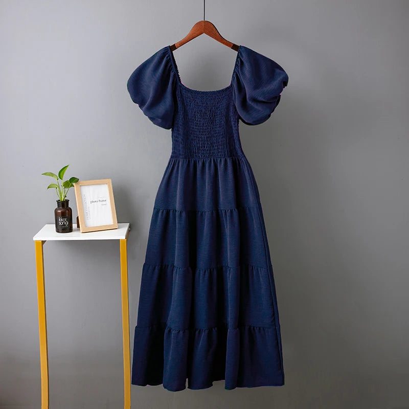 Elegant Solid Long Dresses Summer New Sexy Backless Slash Neck Elastic Dress Women High Waist Puff Sleeve Maxi Dress Elegant