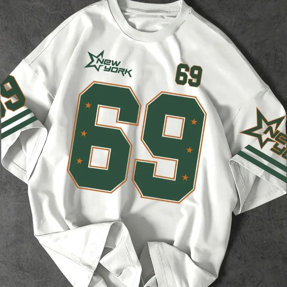 تي شيرت رجالي كاجوال فضفاض بأكمام قصيرة مطبوع عليه رقم 69 من نيويورك فاشن مع نجوم، تي شيرت مريح للكتف، ملابس رجالية