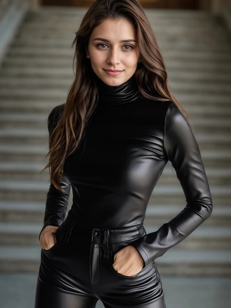 تي شيرت نسائي من جلد البولي يوريثان، رقبة مدورة، أكمام طويلة، نحيف، سادة، كاجوال، طراز قوطي، 2025، تي شيرتات كاجوال سادة