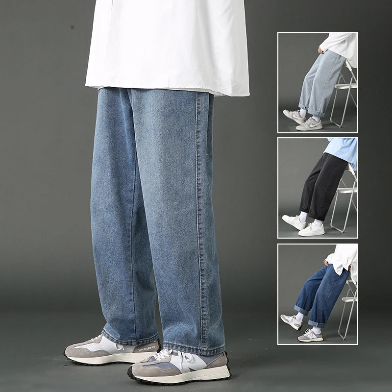 New Street Casual Baggy Jeans Men's Korean Fashion Hip Hop Straight Wide Leg  Trousers Couple Denim Pants Black Light Blue