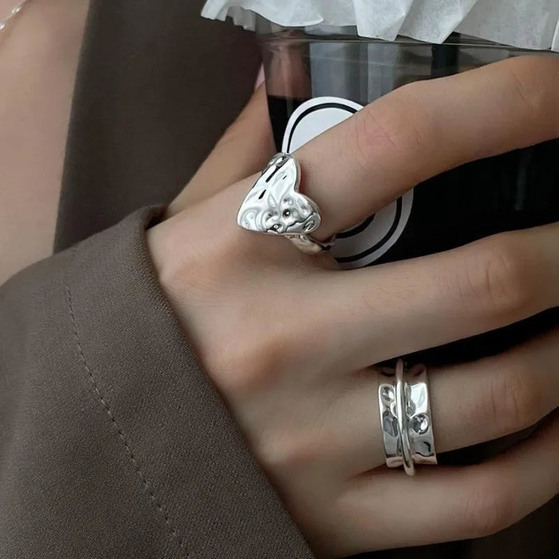 خاتم مفتوح من الفضة الإسترليني عيار 925 بتصميم بانك على شكل قلب، بتصميم هندسي غير منتظم، قابل للتكديس، هدية مجوهرات للنساء والفتيات، خدمة توصيل مباشرة بالجملة