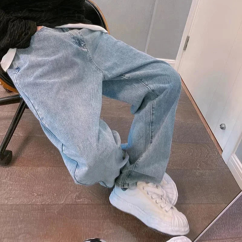 Hip Hop Harajuku Men Baggy Jeans Light Blue Straight Oversize Casual Wide Leg Denim Pants Streetwear Loose Korean Trousers