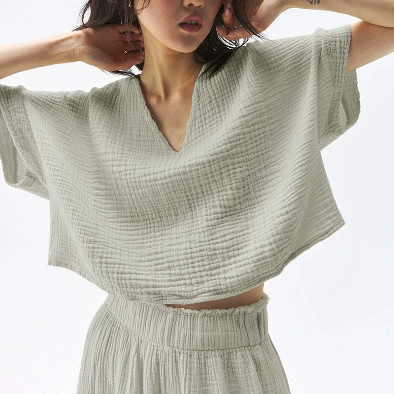 قميص نسائي أنيق من القطن بنسبة 100%، تي شيرت مثير برقبة على شكل حرف V وأكمام قصيرة، قميص فضفاض غير رسمي من الشاش، ملابس الشارع، Ropa Mujer Camisetas