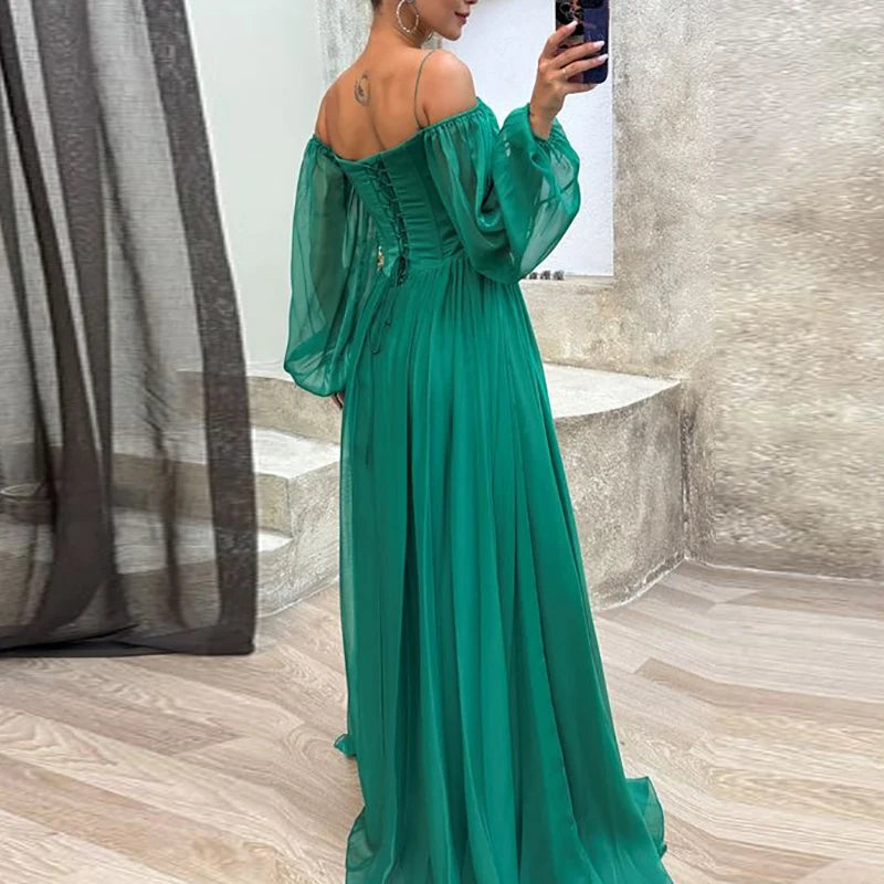 Elegant V-neck Long Sleeve Robe Long Dress Women Fashion Hight Waist Solid Party Dress Sexy Split Chiffon Pleated Gowns Dresses