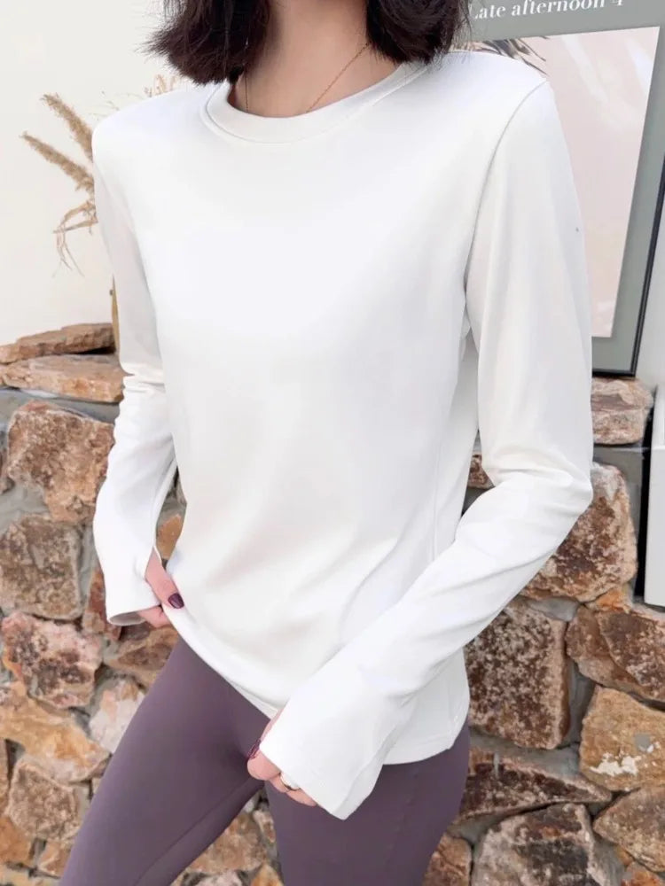 تي شيرت نسائي مرن برقبة دائرية من الأسفل لممارسة اليوجا واللياقة البدنية والجري بأكمام طويلة باللون الأسود والأزرق الداكن لخريف قمصان نسائية أنيقة