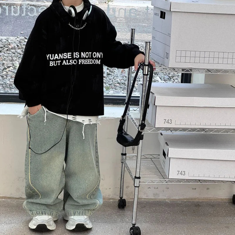 Kids Jeans Loose Straight Pants 2025 Autumn New Korean Boys' Fashion Retro Style Jeans Children's Pants Girls Clothes