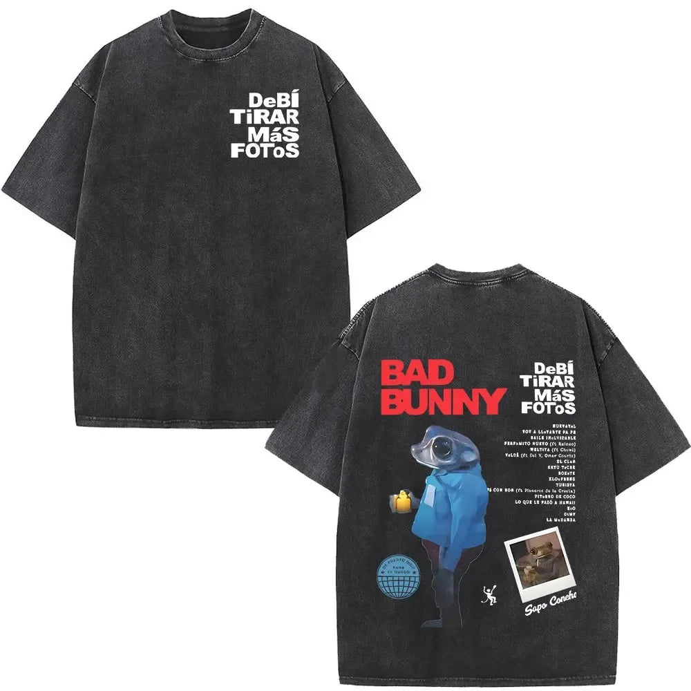 ألبوم Bad Bunny كبير الحجم المغسول Debi Tirar Mas Fotos DTMF تي شيرت جرافيكي للرجال والنساء تي شيرت عتيق ملابس الهيب هوب والشارع