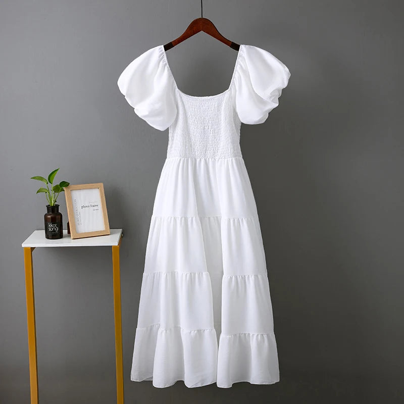 Elegant Solid Long Dresses Summer New Sexy Backless Slash Neck Elastic Dress Women High Waist Puff Sleeve Maxi Dress Elegant