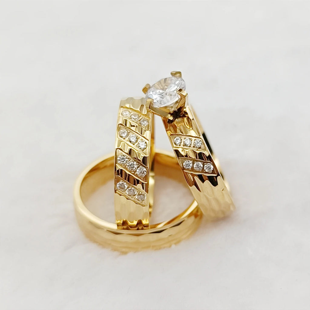 مجموعة خواتم زفاف للرجال والنساء، مكونة من 3 قطع بتصميم فريد، مطلية بالذهب عيار 24 قيراطًا، مرصعة بأحجار الزركونيا المكعبة، خاتم خطوبة للأزواج