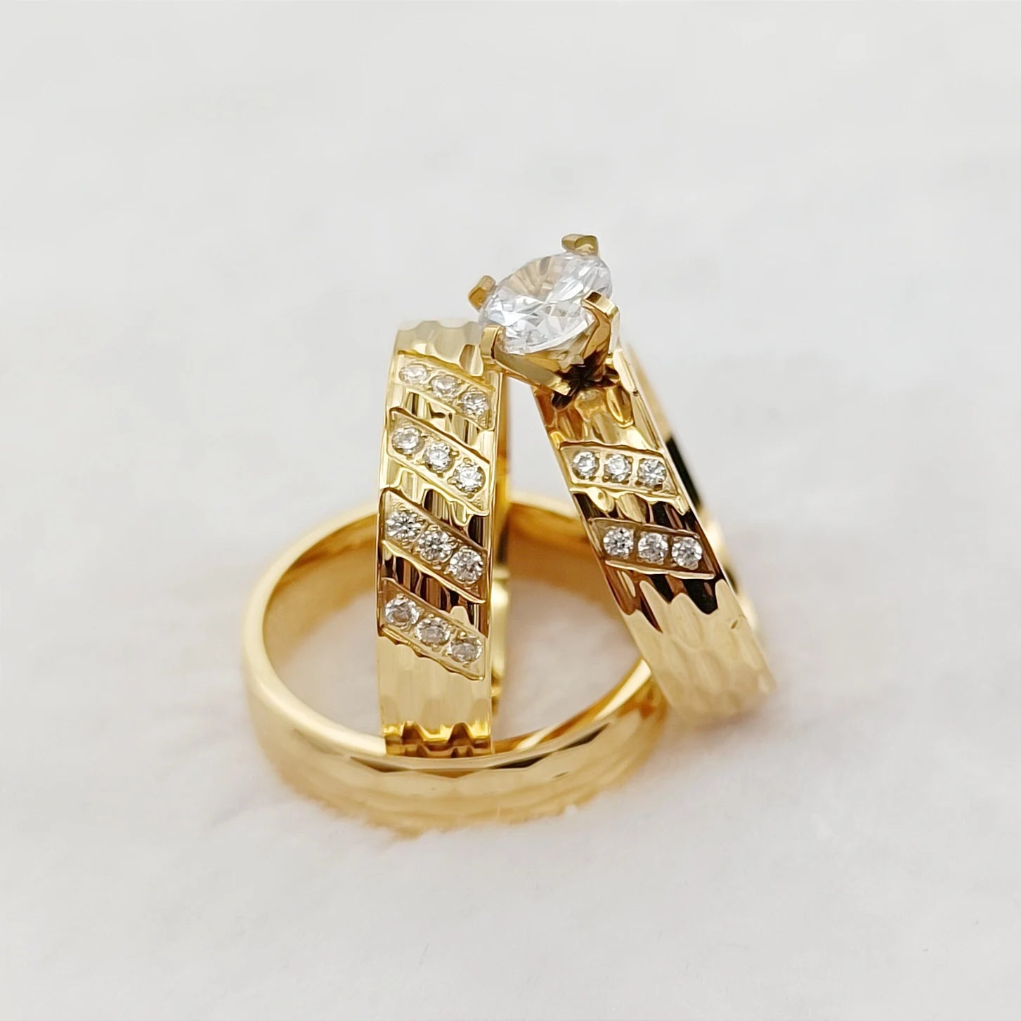 مجموعة خواتم زفاف للرجال والنساء، مكونة من 3 قطع بتصميم فريد، مطلية بالذهب عيار 24 قيراطًا، مرصعة بأحجار الزركونيا المكعبة، خاتم خطوبة للأزواج