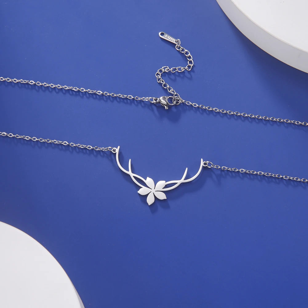 Lucktune Flower Antler Pendant Necklace Stainless Steel Gold Color Chain Necklace for Women 2025 Trendy Kpop Jewelry Party Gift