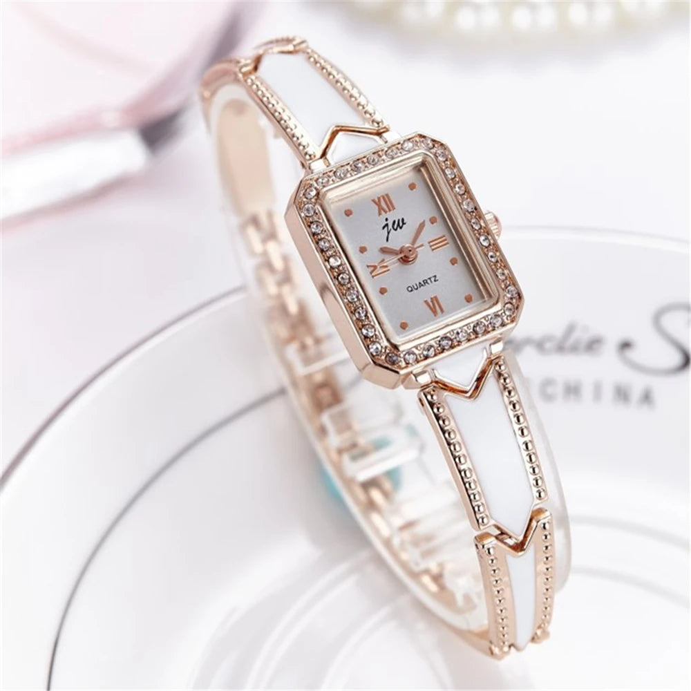 سوار نسائي أنيق مستطيل الشكل من الفولاذ المرصع بأحجار الراين، ساعة يد نسائية