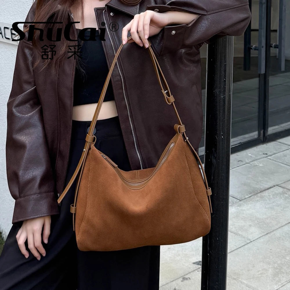 Genuine Grade Suede Leather Luxury Designer Large Capacity Women's Tote Bag Vintage Shoulder Crossbody Underarm Bags Trendy New
