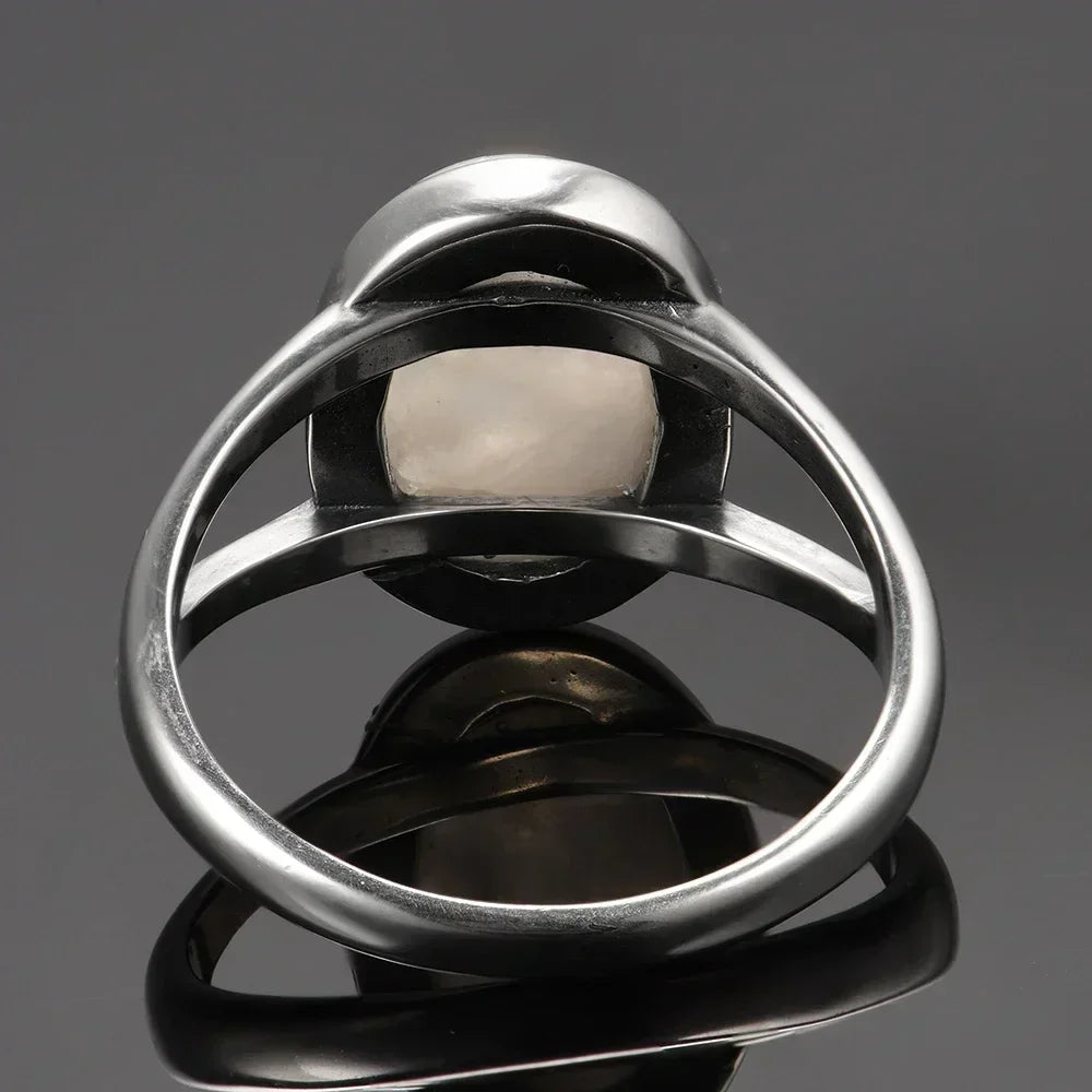 925 Sterling Silver Ring Natural 10*14mm Moonstone Rings Oval Large Gemstone Vintage Fine Jewelry for Women Men