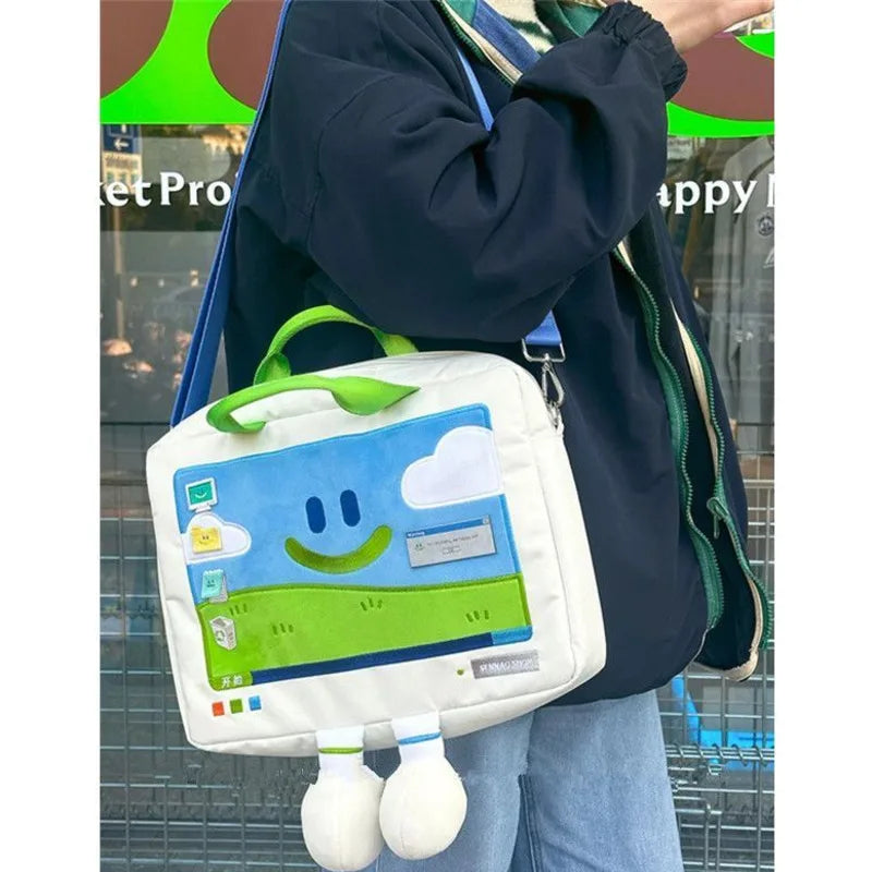 Funny Cartoon Smiling Face Shoulder Bag for Students  All-match Embroidery Laptop Bags Fashion Large Capacity Versatile Bags