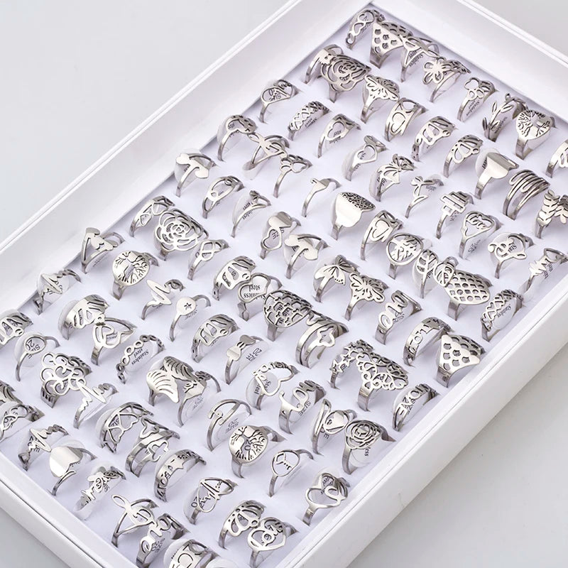 ١٠٠ قطعة من الخواتم المنقوشة المصنوعة من الفولاذ المقاوم للصدأ للرجال والنساء، مجوهرات أنيقة، هدية، خواتم على شكل زهرة مجوفة، بيع بالجملة