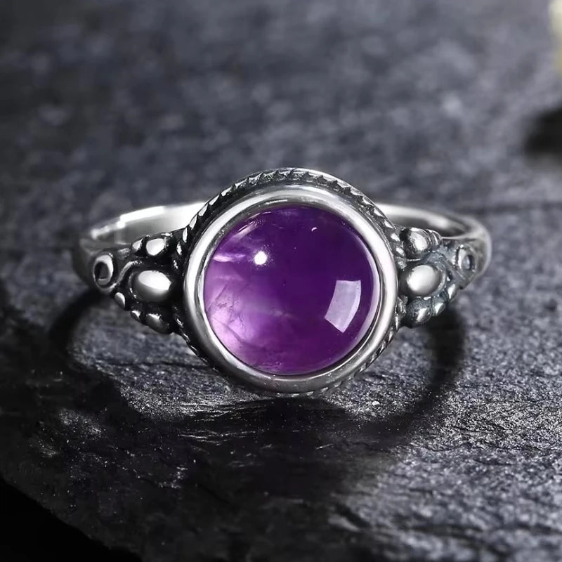 خواتم عتيقة من الفضة الإسترليني عيار 925 مرصعة بحجر الجمشت الطبيعي، بتصميم زهرة، مجوهرات فضية فاخرة بتصميم كلاسيكي، هدايا مثالية للحفلات للنساء والرجال