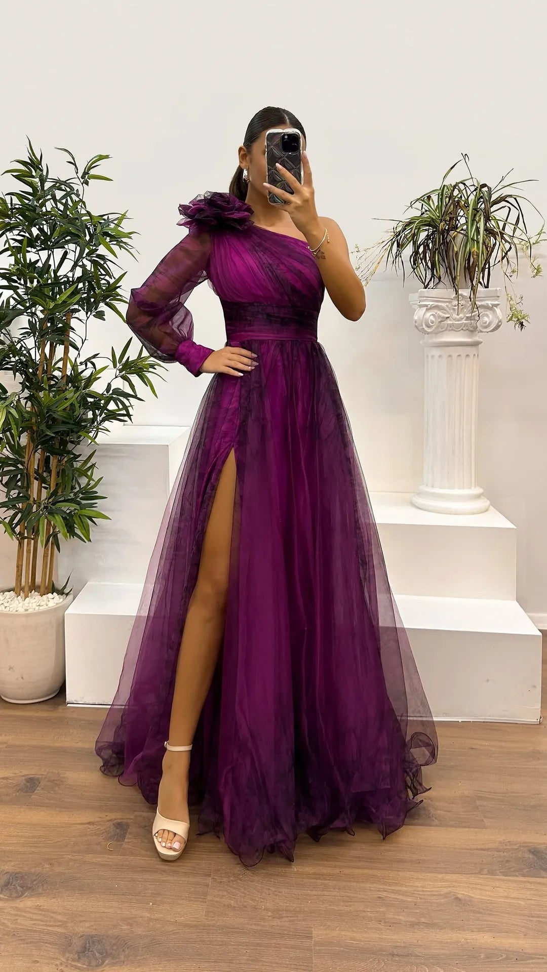 2025 Women Evening Dress Off Shoulder Pleated Long Lantern Sleeve Split Hem Maxi Dress Rhinestone Decor High Waist Party Dresses