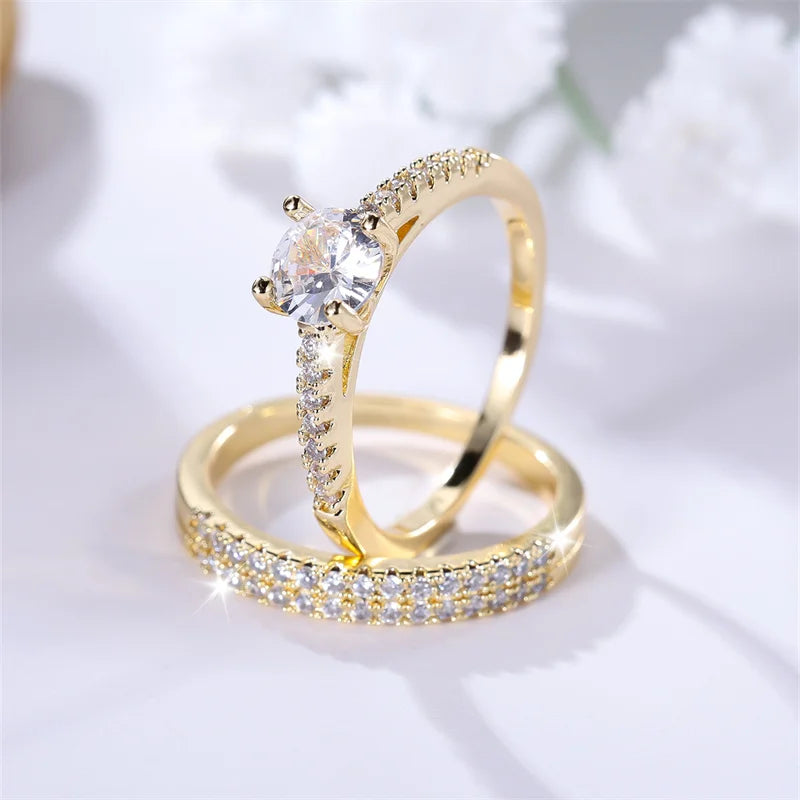 White Zircon Stacking Couple Ring Set 2pcs Female Round Gold Color Bridal Rings For Women Wedding Bands Party Jewelry CZ