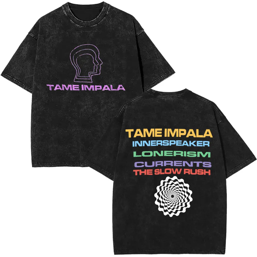 تي شيرت رجالي كاجوال فضفاض بأكمام قصيرة من القطن مطبوع عليه عبارة VintageWashed Pop Rock Band Tames Impala Current Graphic Print