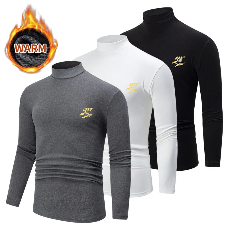 تي شيرت رجالي مكون من قطعتين/ثلاث قطع، مناسب للخريف/الشتاء، بلون واحد، دافئ، مناسب للمراهقين، مقاس كبير، قميص رياضي مريح، نصف رقبة عالية، قاعدة