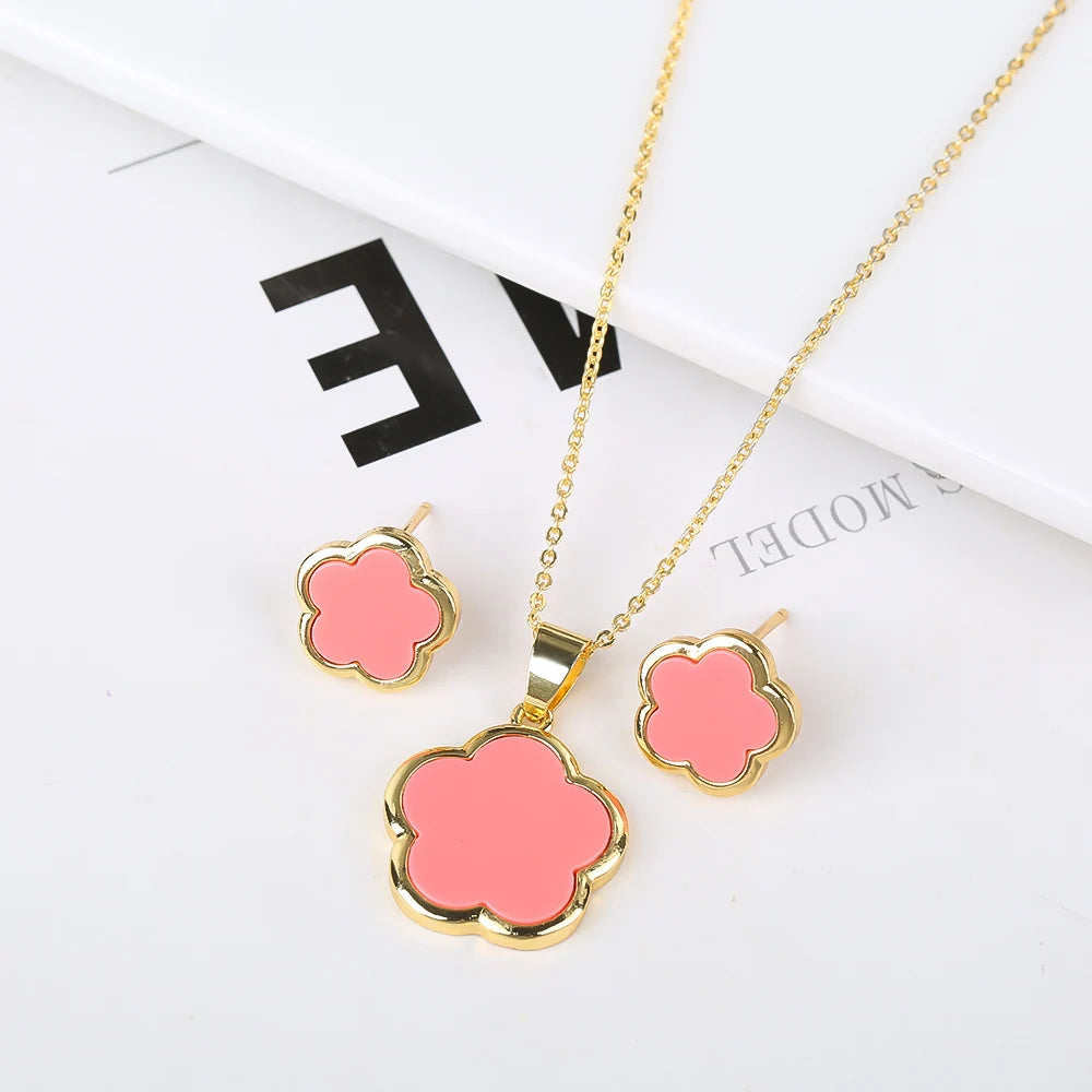 7-Color New Natural Stone Plum Blossom Plant Five Leaf Flower Pendant Necklace Earring Set Luxury Women's Simple Gift Clover