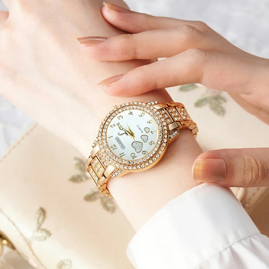 طقم ساعة يد كوارتز أنيقة للسيدات مكون من 6 قطع مع مجوهرات - هدية مثالية للنساء، عيد الحب، تصميم أنيق