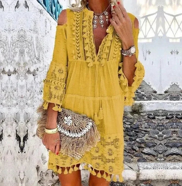 Spring Large Size Women Dress Lace White V-neck Lace Tassel Casual Dresses Female New Casual Elegant Fashion Ladies Clothes