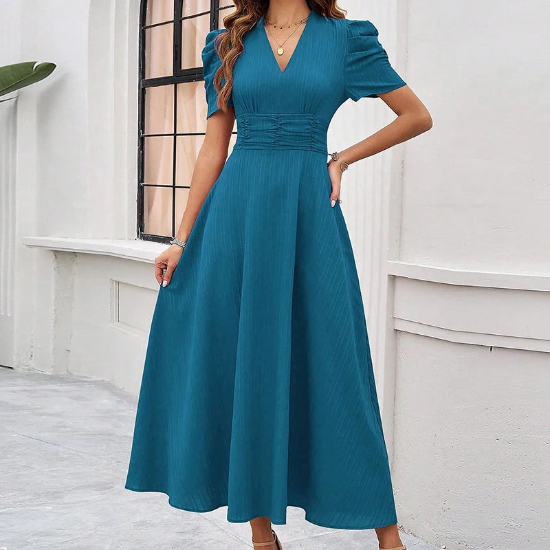 Solid Color Casual Slim Long Dresses For Women Fashion Summer Women's Puff Sleeve A Line Midi Dress Elegant Vintage Female Dress