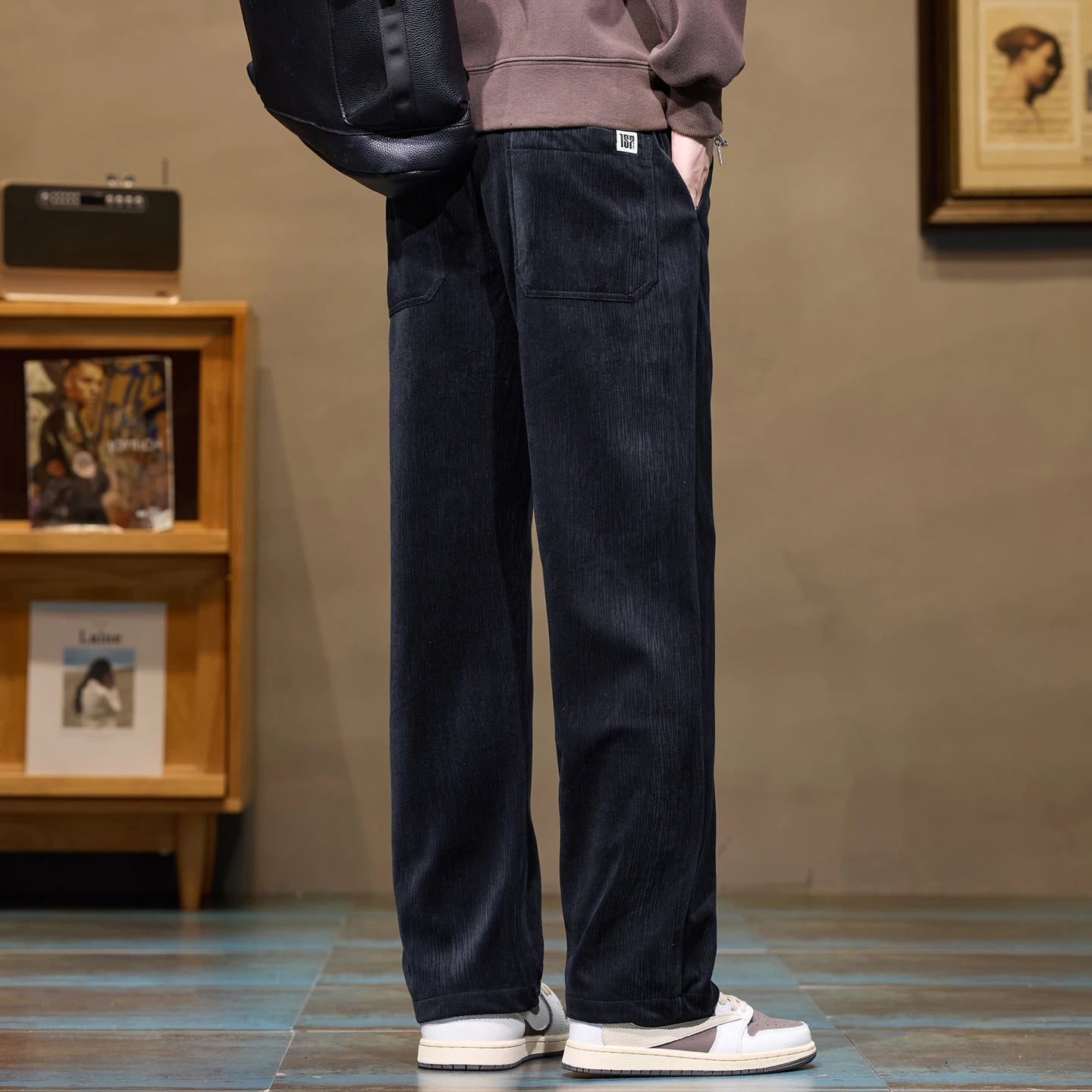 Soft Corduroy Men's Casual Pants Autumn New Elastic Waist Loose Straight Black Gray Trousers Comfortable Fashion Male Clothes