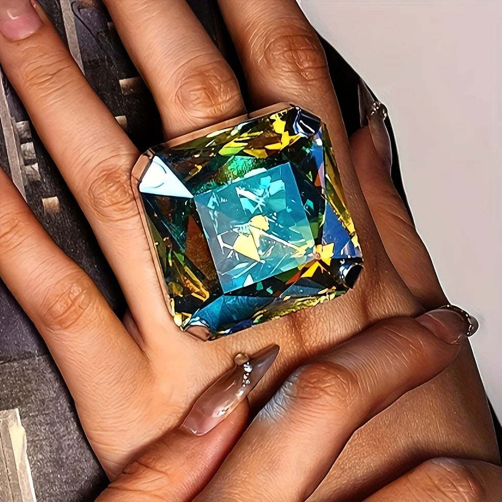 خاتم كريستالي مربع ضخم ومبالغ فيه للنساء الفاتنات، خاتم مرصع بحجر كبير لامع، مجوهرات للإبهام