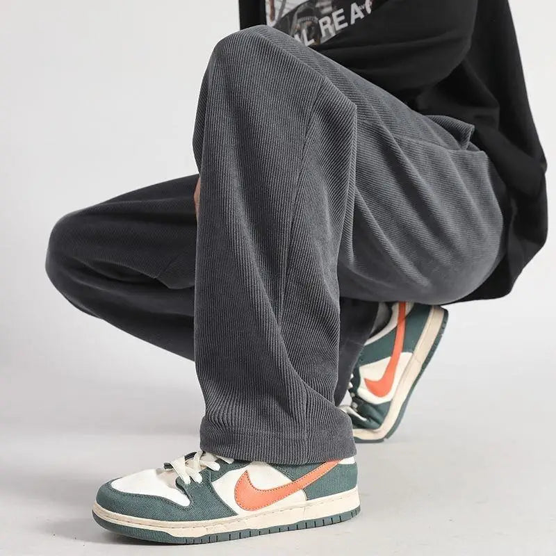 2023 Autumn Winter New Corduroy Fleece Straight Leg Casual Pants Men Solid Waist Drawstring Pocket Loose Versatile Warm Trousers
