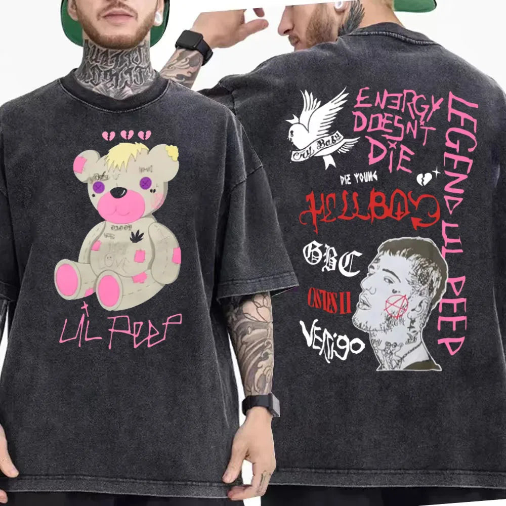 2025 مغني الراب ليل بيب ألبوم موسيقى Bear Crybaby Vintage Washed T Shirts للرجال والنساء هيب هوب فضفاضة بأكمام قصيرة تي شيرتات الشارع