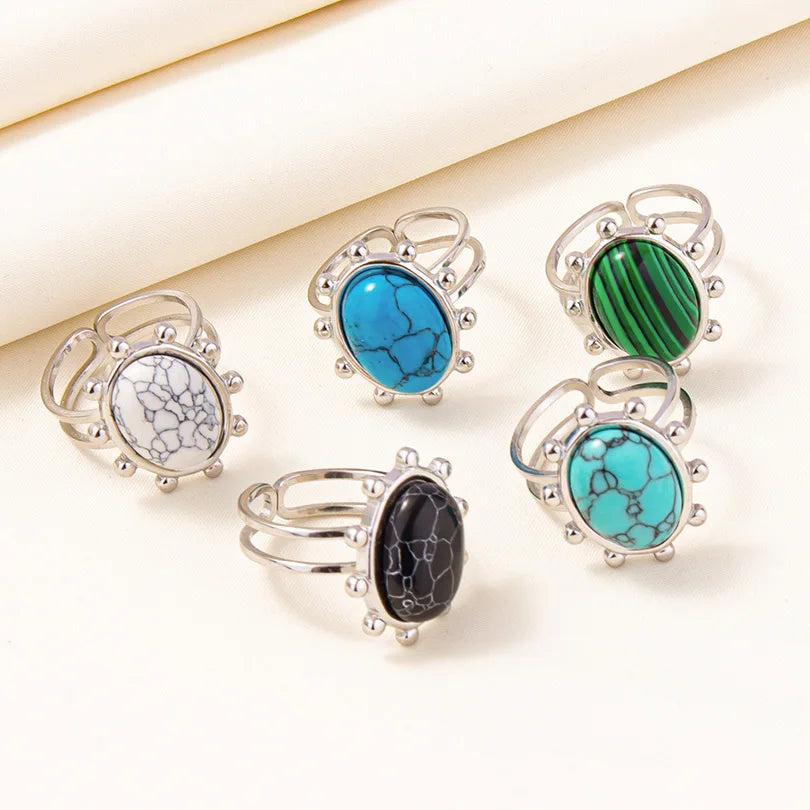 1/5 قطع من الخواتم المفتوحة غير المنتظمة والسميكة المصنوعة من الفولاذ المقاوم للصدأ والمزينة بأحجار صناعية متنوعة، بتصميم هندسي عتيق مميز، مجوهرات نسائية
