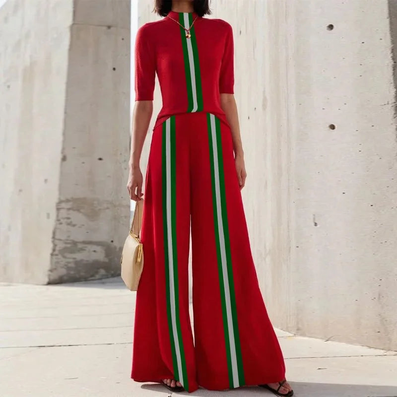 تي شيرتات نسائية مخططة ضيقة باللون الأحمر، ربيع 2025، جديد، نصف كم، رقبة دائرية، ملابس نسائية مريحة بألوان متباينة، ملابس مكتبية