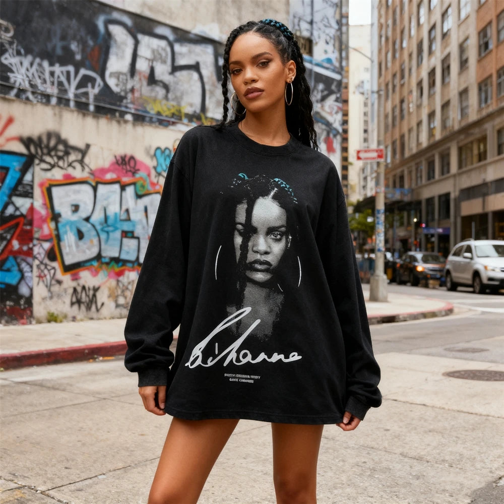 تي شيرت KUCLUT RIHANNA Fashion بأفضل جودة مطبوع عليه وجه كبير بأكمام طويلة ومقاس كبير فضفاض 100% قطن تي شيرت عتيق للرجال والنساء