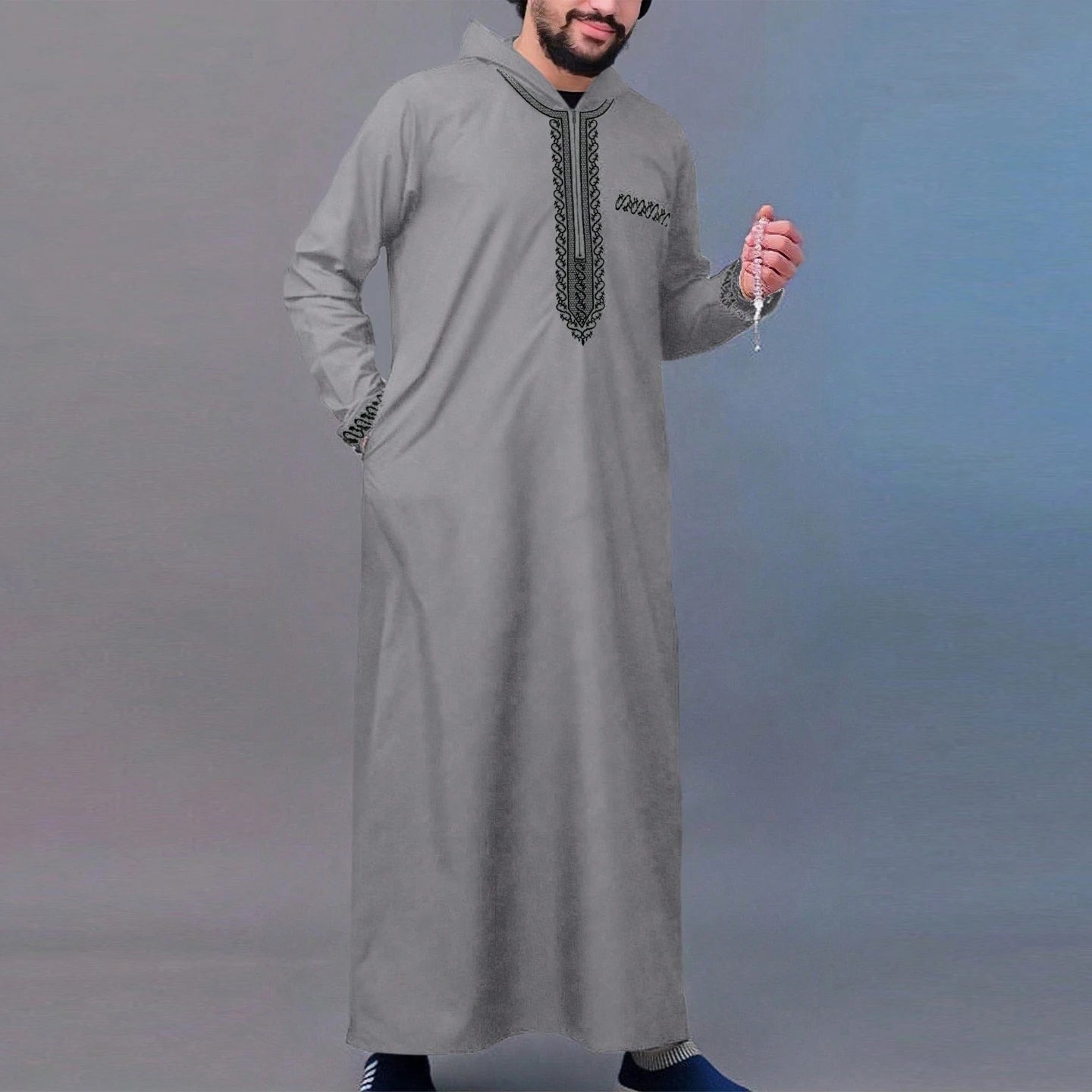 Men's Ethnic Pattern Embroidery Zipper Hooded Robe Traditional Long Sleeve Pocket Jubba Thobe for Daily Wear Man Islamic Thobe