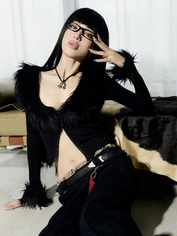 قميص Nibber Hottie المثير ذو المرقعة الفروية للنساء، رقبة على شكل حرف V وأكمام طويلة ومشبك معدني، قميص Wild Midnight Stretch Skinny Street Club