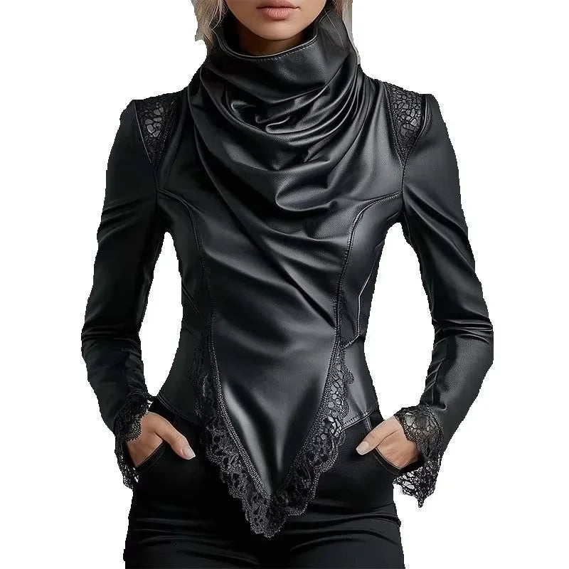 تي شيرت نسائي من الجلد الصناعي برقبة عالية وأكمام طويلة وحواف من الدانتيل وحاشية غير منتظمة وقميص سادة بتصميم ربيعي أنيق