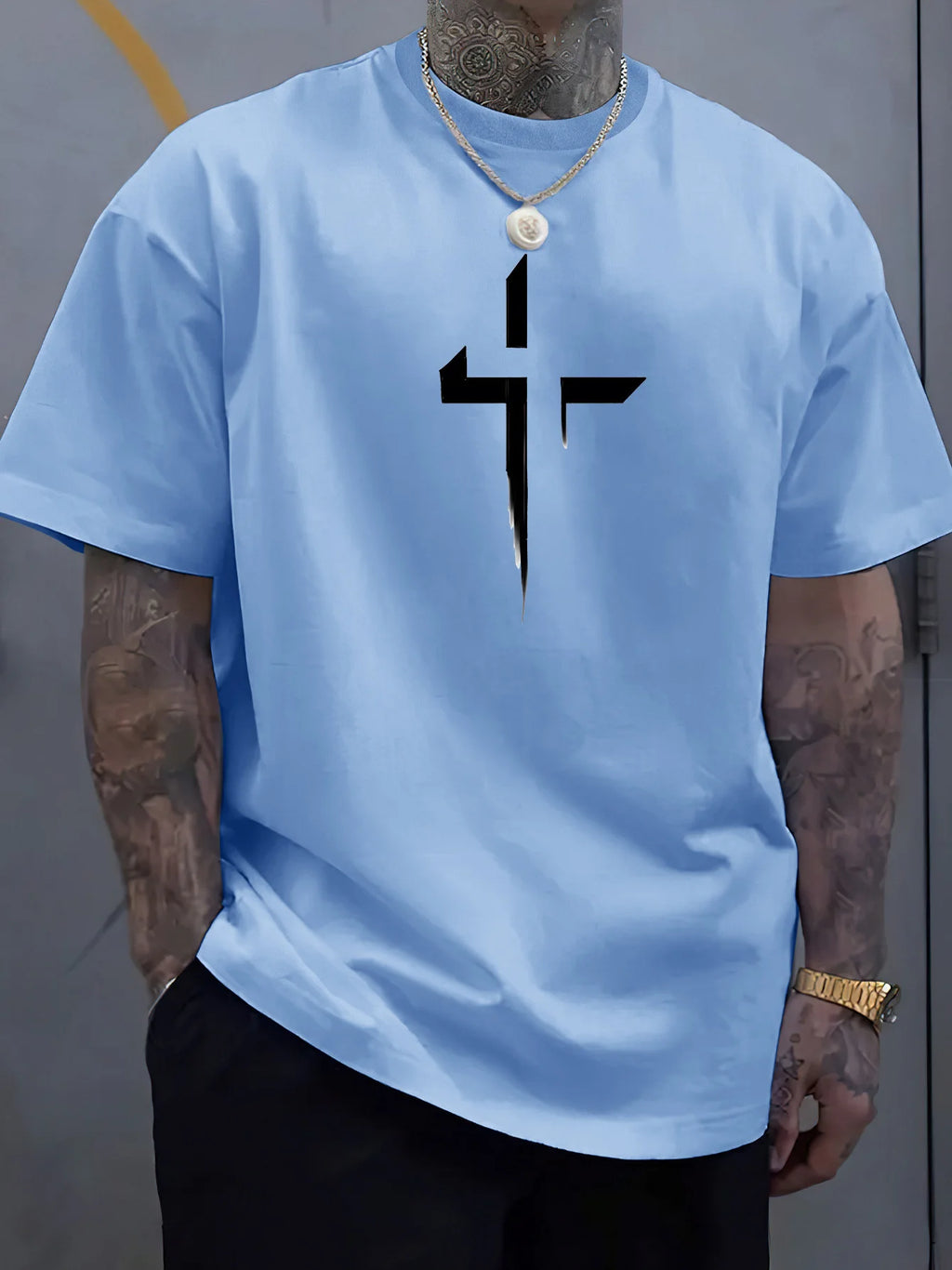 تيشيرت صيفي رجالي قطني 100%، فضفاض، بمقاسات كبيرة، مطبوع عليه شعار Cross Creative، مريح، بياقة دائرية وأكمام قصيرة