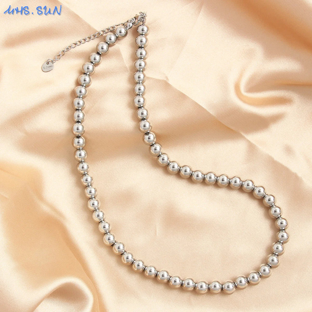 MHS.SUN Fashion Stainless Steel Gold Color Ball Beaded Pearl Necklace 4/6/8/10MM Metal Beads Adjustable Jewelry for Women Men