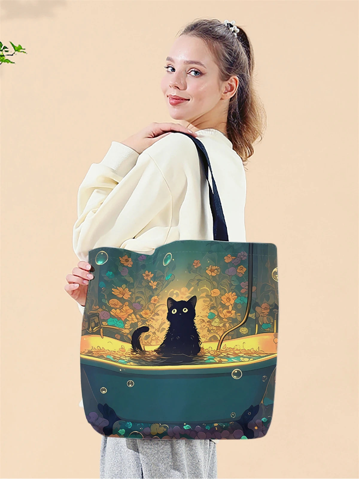 حقيبة تسوق قماشية مطبوعة عليها صورة قطة سوداء، حقيبة تسوق أنيقة قابلة لإعادة الاستخدام، حقيبة تسوق متعددة الوظائف، حقيبة تسوق قماشية مطبوعة