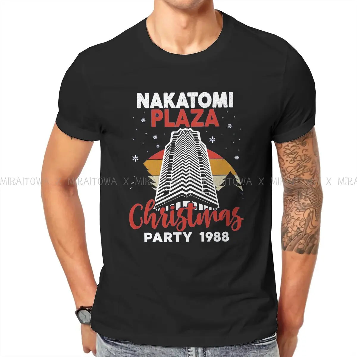 تي شيرت رجالي بتصميم فيلم Die Hard Christmas Party 1988 من Bruce Willis بتصميم إبداعي، تي شيرت أساسي من NAKATOMI PLAZA، هدايا أعياد الميلاد، ملابس الشارع