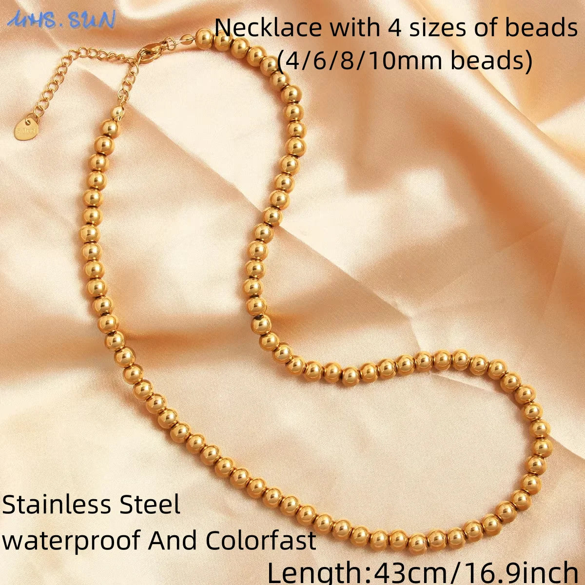 قلادة MHS.SUN العصرية المصنوعة من الفولاذ المقاوم للصدأ باللون الذهبي والمزينة بحبات اللؤلؤ 4/6/8/10 مم من الخرز المعدني مجوهرات قابلة للتعديل للنساء والرجال